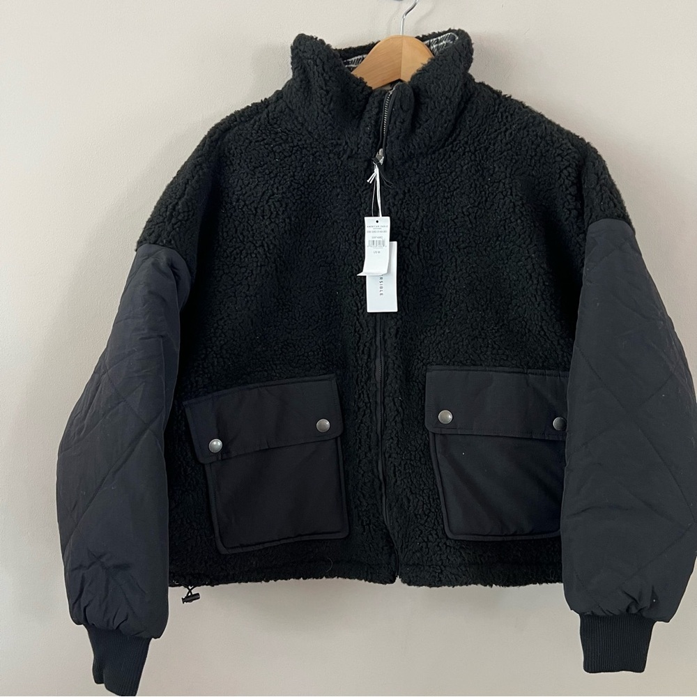 American Eagle Outfitters Black Teddy Jacket with Quilted Sleeves